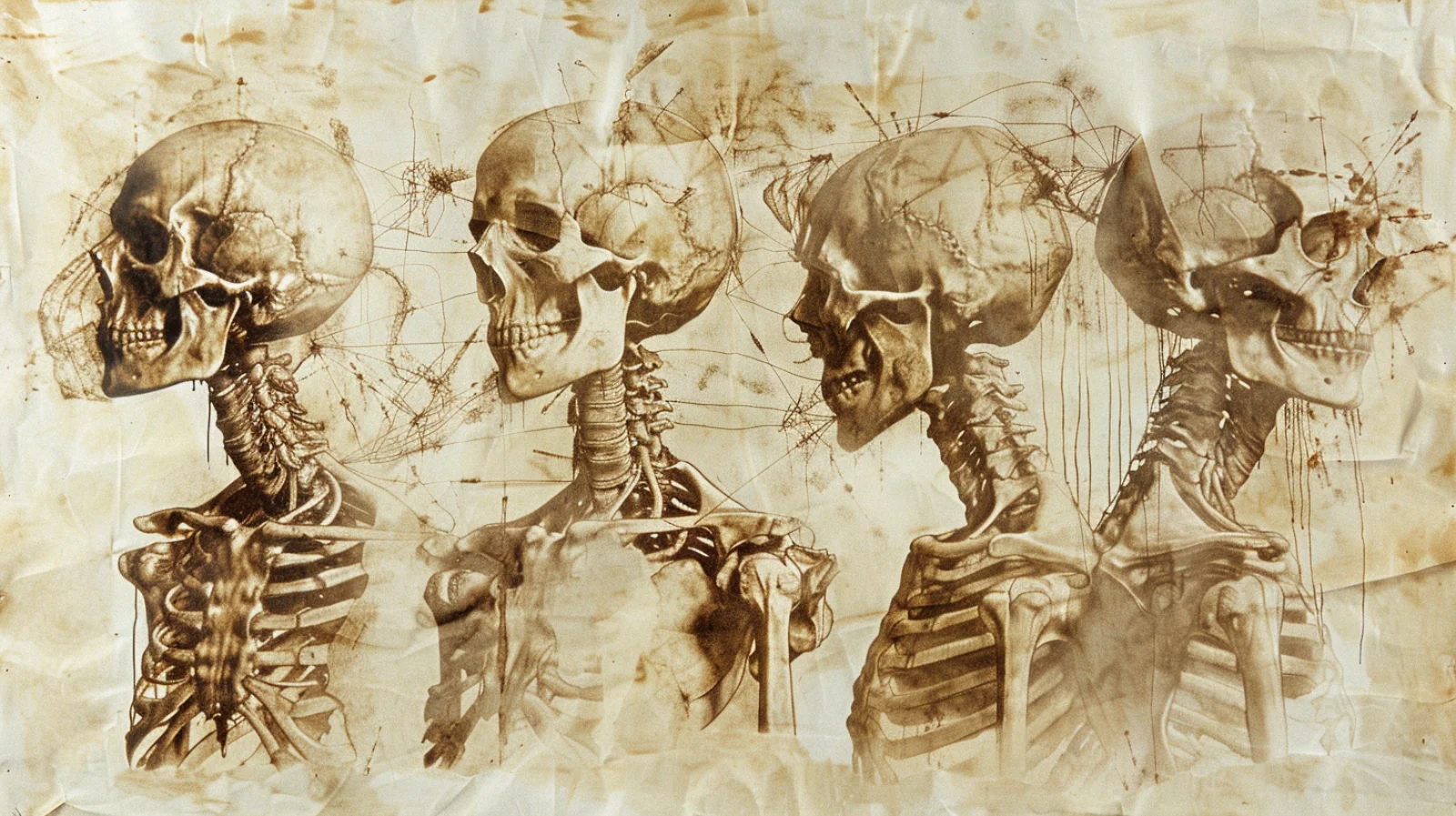 A Leonardo da Vinci-style anatomical sketch comparing four human skulls in profile, connected by faint network lines