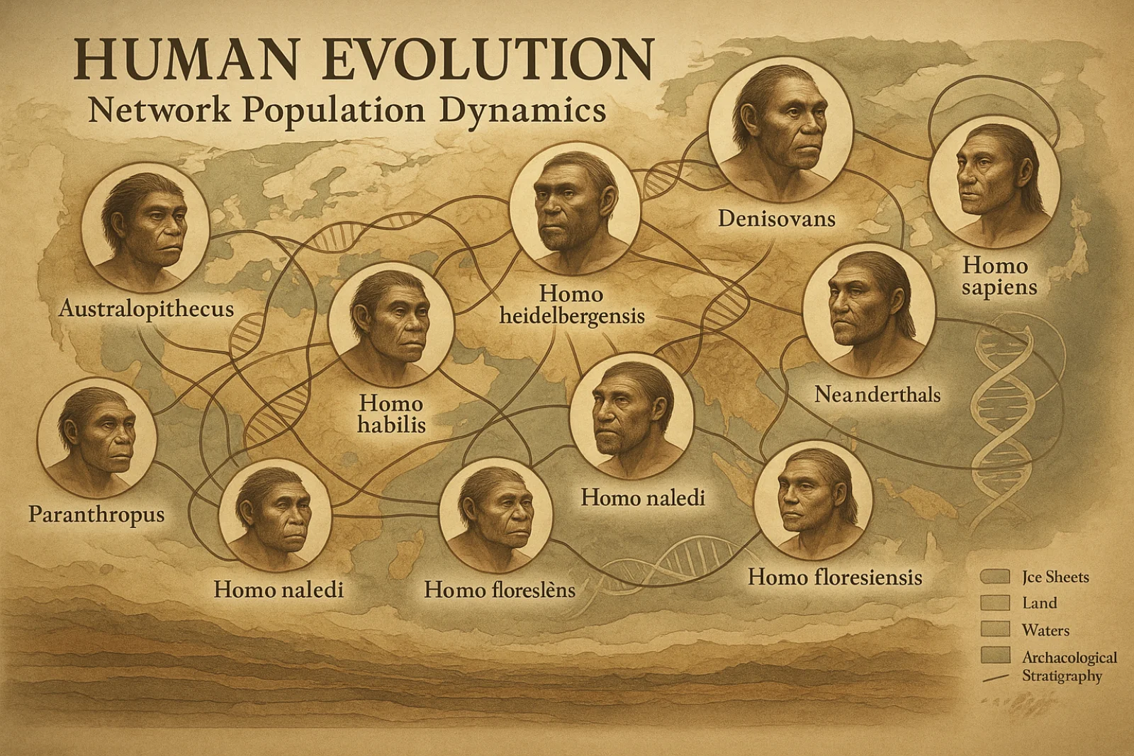 A diagram titled Human Evolution: Network Population Dynamics, showing Australopithecus, Paranthropus, Homo habilis, Homo heidelbergensis, Homo naledi, Homo floresiensis, Denisovans, Neanderthals and Homo sapiens connected to one another by an interwoven network of lines rather than a branching tree